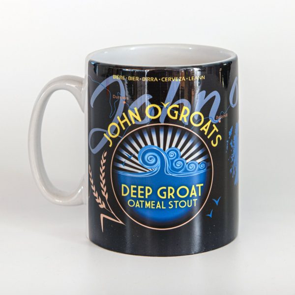 John o' Groats Brewery Black Mug with the John o' Groats Brewery Logo And Deep Groat Beer Label