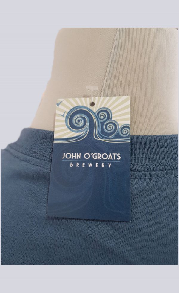 A Denim Blue t-shirt with the John O'Groats Brewery logo emblazoned on the chest