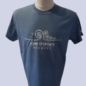 A Denim Blue t-shirt with the John O'Groats Brewery logo emblazoned on the chest