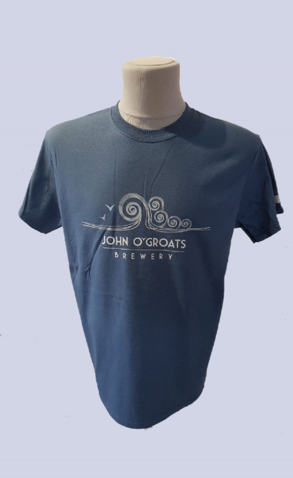 A Denim Blue t-shirt with the John O'Groats Brewery logo emblazoned on the chest