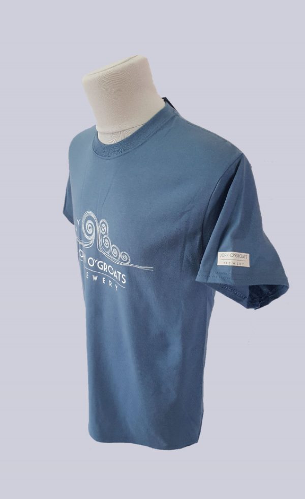 A Denim Blue t-shirt with the John O'Groats Brewery logo emblazoned on the chest