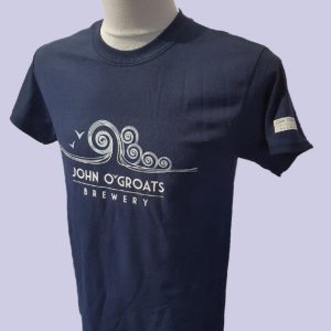 A navy t-shirt with the John O'Groats Brewery logo emblazoned on the chest