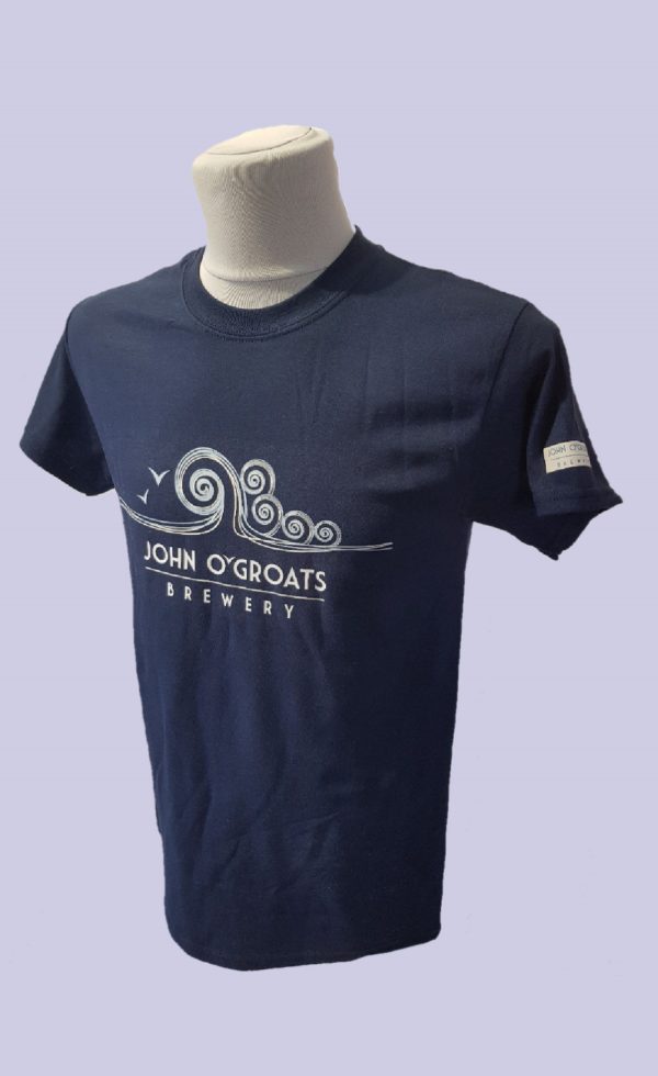 A navy t-shirt with the John O'Groats Brewery logo emblazoned on the chest