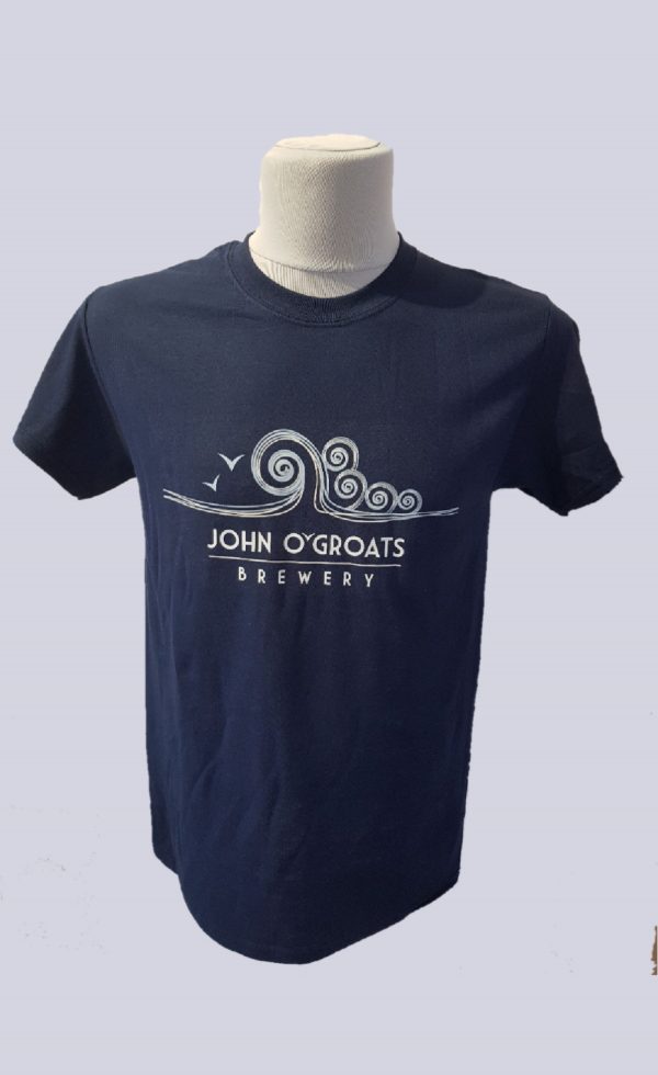 A navy t-shirt with the John O'Groats Brewery logo emblazoned on the chest